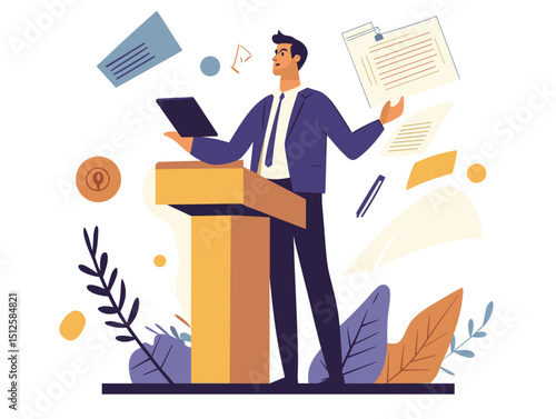 Public Speaker: A dynamic public speaker captivates an audience, standing confidently at a podium, embodying leadership and persuasive communication skills.