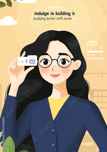 Woman Holding Device: A sophisticated illustration of a woman with black hair and glasses in a work setting, demonstrating a device with an encouraging business message.