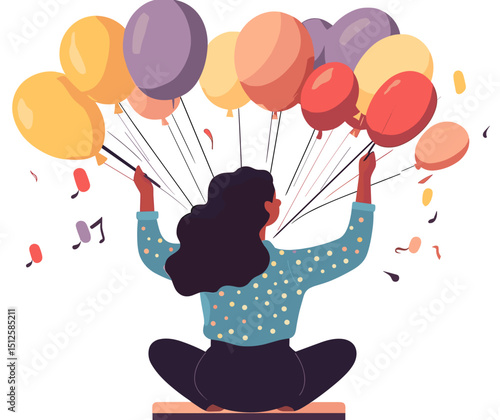 Joyful woman sitting cross-legged, holding a vibrant bunch of colorful balloons with musical notes and confetti, wearing a blue polka-dot sweater and black pants, cheerful and festive illustrative sty