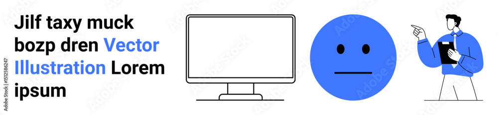 Fototapeta premium Neutral face emotion beside computer screen as a professional gestures with clipboard. Ideal for feedback, evaluation, digital interaction, workspace, emotions, communication, simple landing page