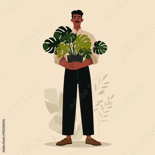 Green thumb's embrace: A stylish individual holds a vibrant monstera plant, embodying the tranquil joy of plant parenthood and the beauty of nature.