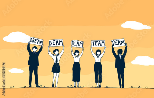 Shared Vision: A united group holds aloft signs that spell dream and team, symbolizing collective aspirations and shared goals. Embracing teamwork to accomplish the best.