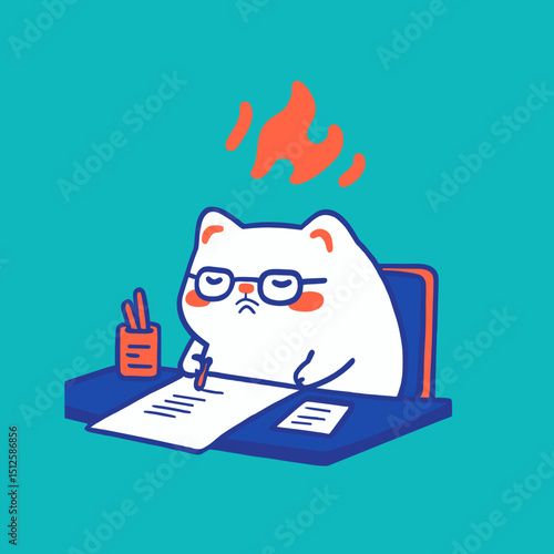 Stressful Task: A cute cartoon cat, visibly stressed and overwhelmed, attempts to manage a task at a desk. The image aims to evoke empathy.