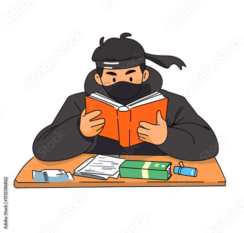 Silent Study: A masked figure delves into the depths of knowledge, a focused ninja absorbed in the art of learning and contemplation.