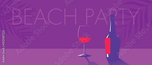 Vector design of restaurant poster, beach party, tropics, vacation. Banner, wine bar, wine bottle, glass, red wine, merlot, cabernet, sauvignon