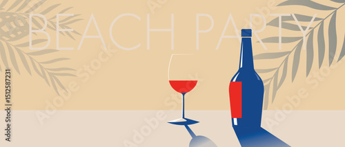 Beach bar, party, palm trees, red wine bottle, glass. Restaurant poster design, wine list, drinks, merlot, chardonnay, cabernet