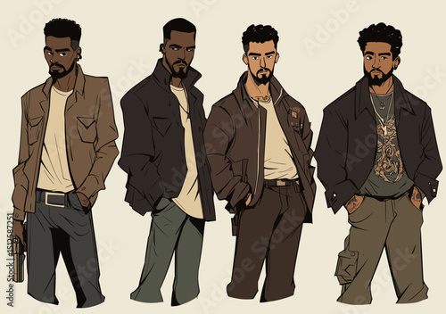 Unity in Style: Four diverse men confidently display their unique fashion sense, standing together in a display of modern style.