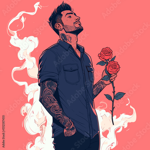 Mysterious Romance: An illustrated vision of a man adorned with tattoos, embraces the subtle scent of roses, enveloped in a cloud of abstract, evoking an ambiance of alluring mystery.