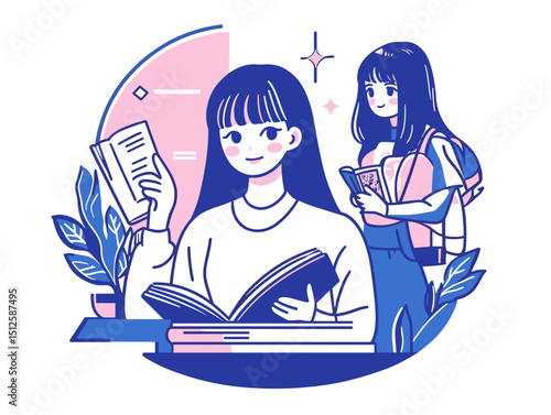 Joyful Reading: Two young women immersed in the joy of reading, surrounded by books and a calming atmosphere.  One woman holds a book, while the other carries a stack of books.