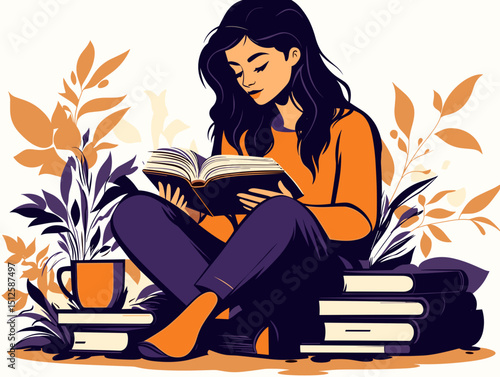 Reading Amidst the Foliage: A woman engrossed in a book, immersed in the world of literature, surrounded by foliage and a warm cup, finds solace in her captivating moment.