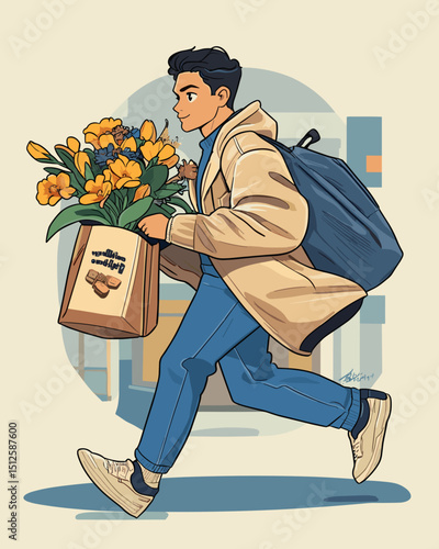 Young Man Running with Flowers: A stylish young man with a backpack hurries along, carrying a large bouquet of vibrant yellow and orange flowers in a paper bag.
