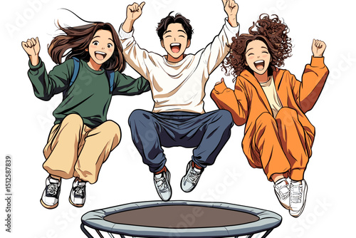 Jumping for Joy: Capturing a vibrant moment of pure delight, a group of three energetic individuals leap with glee on a trampoline, arms raised in celebration of joyful exuberance. 