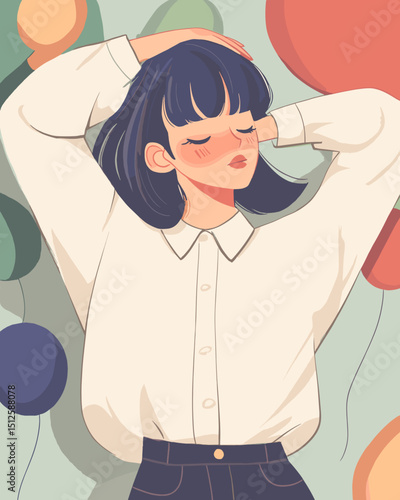 Dreamy Daydream: A captivating illustration of a serene woman, reclining peacefully amidst soft, colorful orbs, lost in a world of tranquil reverie. 