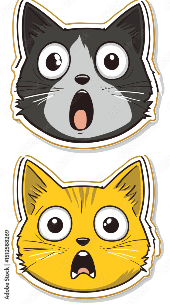 Cat's Surprise: Two cartoon cat faces express astonishment, with wide eyes and open mouths, symbolizing shock, wonder, and amusing bewilderment. Cat's Surprise: Two cartoon cat faces express astonishment, with wide eyes and open mouths, symbolizing shock, wonder, and amusing bewilderment.