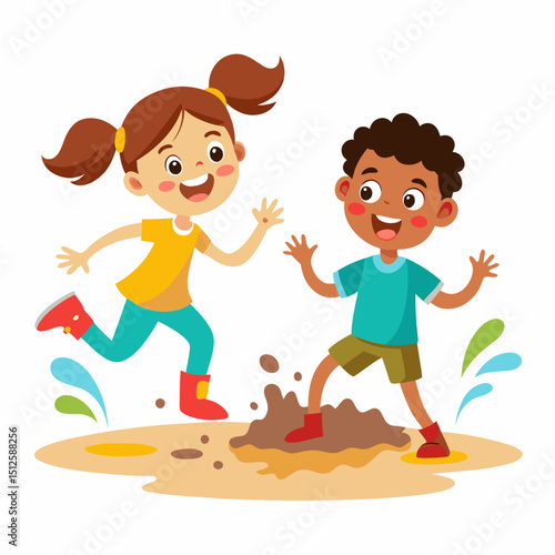 International Mud Day Vector Illustration – Playful Mud Puddles, Kids Fun, Nature Concept