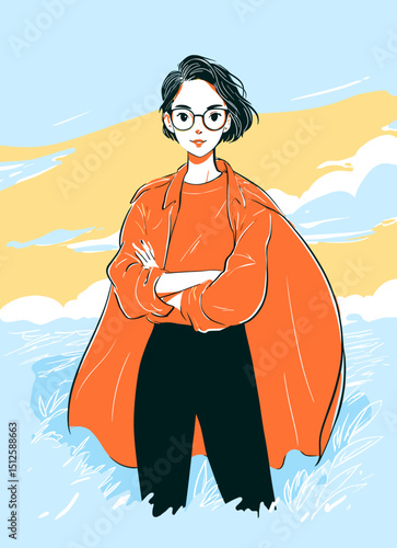 Vibrant Confidence: A stylishly illustrated young woman, radiates self-assurance and modern elegance with a striking color palette.