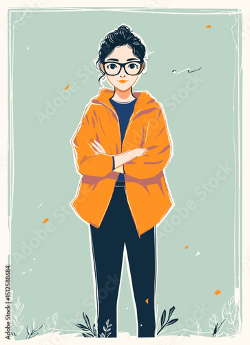 Confident Persona: A stylized illustration of a poised woman, arms crossed, exuding quiet confidence, set against a subtly textured backdrop that complements her outfit.