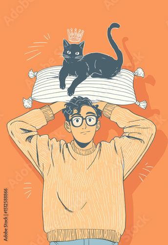 Crowned Companion's Reverie: A whimsical portrayal of a person lost in thought, resting beneath a regal black cat adorned with a crown, evoking a sense of comfort and connection.