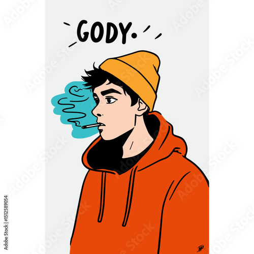 Cool Urban Style: A stylish young person, donning a bright orange hoodie and beanie, takes a moment of calm, exhaling cigarette smoke with a hint of urban cool and effortless style. 