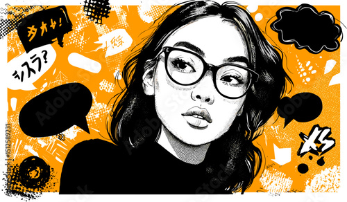 Thinking Out Loud: A dynamic illustration captures the expressive portrait of a young woman with thoughtful glasses, immersed in a scene of introspection. Filled with speech bubbles and japanese text.