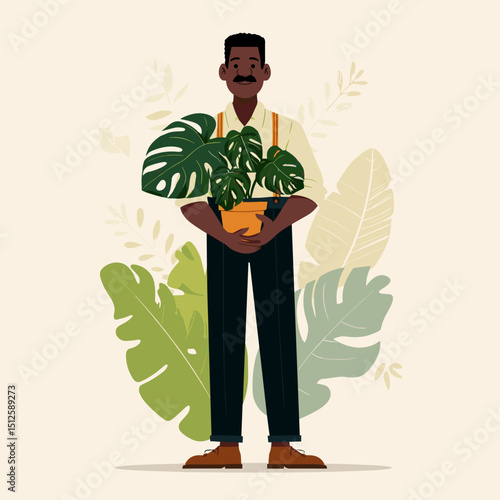 Monstera Enthusiast: A portrait of a person happily holding a lush potted monstera plant in an attractive illustrative style.
