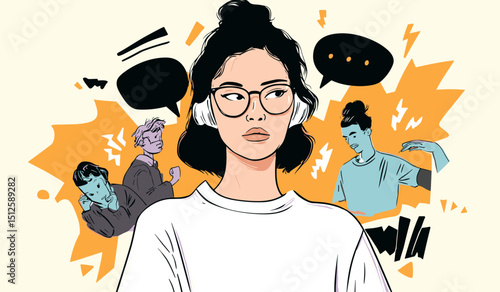 Inner World Conflict: A woman, seen in a vibrant artistic style, navigates a whirlwind of conflicting thoughts and external pressures, a vivid representation of the internal challenges of daily life.