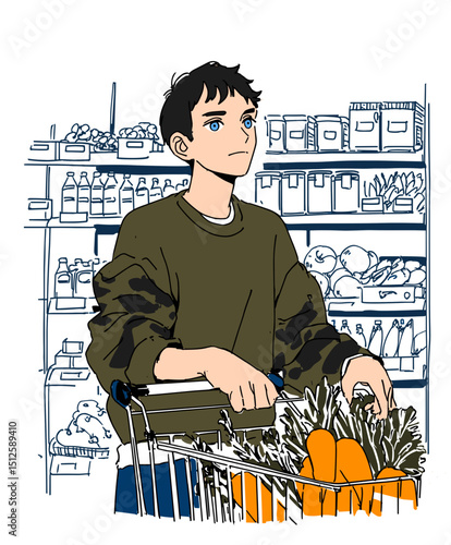 Shopping at the grocery: A thoughtful individual strolls down the supermarket aisles, pushing a trolley, carefully selecting groceries to fulfill their daily needs. 