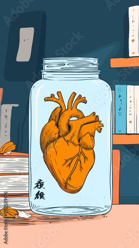 Heart in a jar: An artistic representation of a preserved heart enclosed in a glass jar. Depicting feelings of vulnerability and the essence of preserving memories.