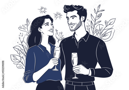 A Toast to Love: A tender moment captured as a couple raises their glasses in a celebration of togetherness, surrounded by artistic floral embellishments, celebrating happiness.