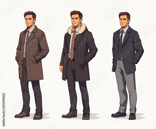 Stylish Outfit Selections: A collection of three distinct outfits, displayed on a distinguished figure, offering a curated selection of fashion-forward ensembles perfect for various occasions.
