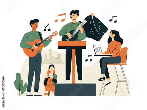 Musical Harmony in Unity: A vibrant illustration showcases a diverse group of musicians collaborating harmoniously, each engrossed in their respective instrument.