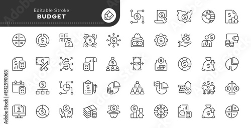 Budget line icon set. Financing, accounting, distribution of funds, budget sequestration, allocation of money and more. Outline vector icon in linear style. Pictogram collection