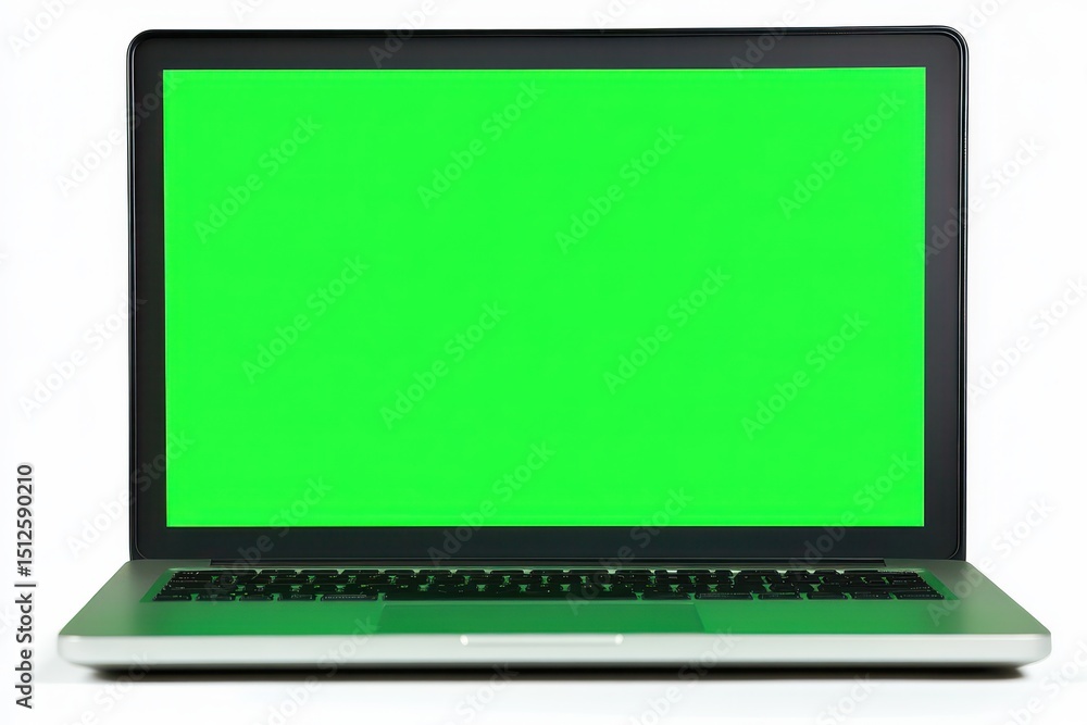 Sleek Laptop Displaying Green Screen on Clean White Background for Tech Innovations Sleek Laptop Displaying Green Screen on Clean White Background for Tech Innovations