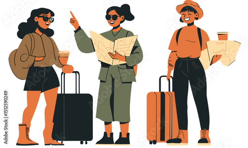 Adventurous Trio: Three travel-ready figures, map in hand, ready for exploration, embody wanderlust and the thrill of discovery.
