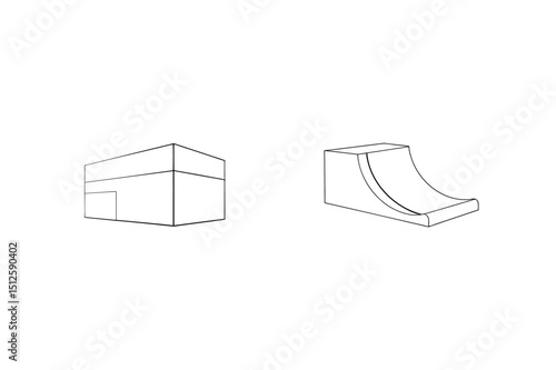 Simple line art depicting geometric structures and a ramp for design elements and concepts
