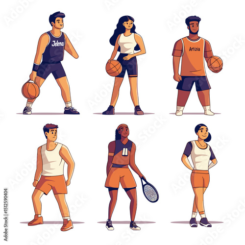 Athletes in Action: A captivating illustration showcasing a diverse group of athletes, each poised with their respective sports equipment, ready to compete in a vibrant display of athleticism.