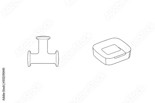 Outlined illustration of a t-shaped pipe fitting next to an earbud case concept design.
