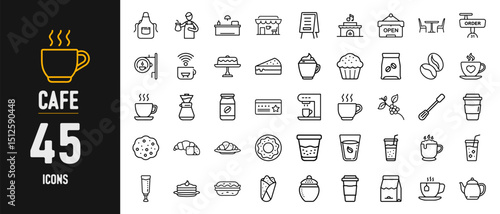 Cafe and Coffee Shop Essentials Line Icons – 45 Vector Symbols