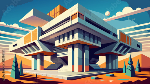 A massive concrete structure with blocky geometric shapes, raw textures, and bold shadows. The brutalist building stands strong, expressing strength, modernism, and minimalist architectural expression