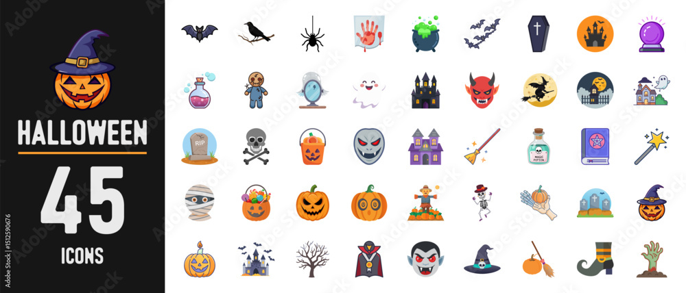 Fototapeta premium Halloween Celebration Icons with Spooky Faces – 45 Vector Symbols