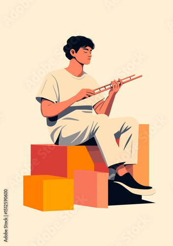 Harmonious Melody: A serene person, deeply engrossed in playing the flute. The minimalist graphic style accentuates the moment of musical expression and the essence of the instrument.