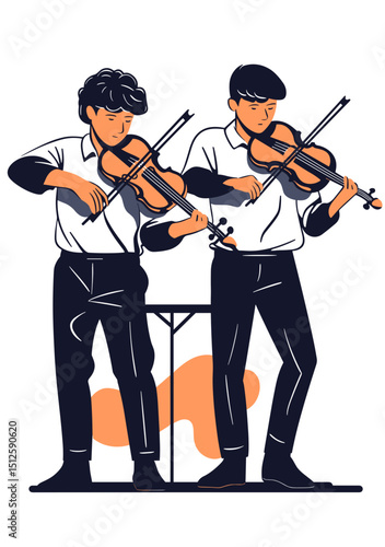 Musical Harmony in Illustration: Two violinists, depicted with a minimalist design, passionately play their instruments, creating a sense of artistic expression and musical unity. 