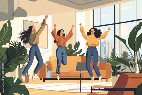 Jumping for Joy: A vibrant illustration showcases three animated figures leaping with exuberance in a lively living room, celebrating the spirit of happiness and togetherness.