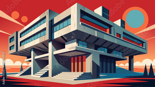 A massive concrete structure with blocky geometric shapes, raw textures, and bold shadows. The brutalist building stands strong, expressing strength, modernism, and minimalist architectural expression