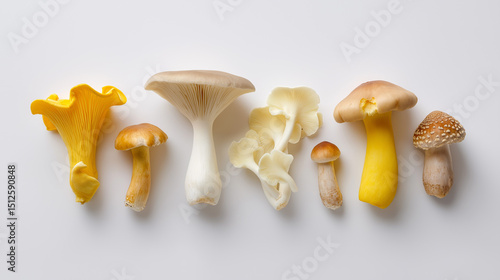 Fotografie Assorted gourmet mushrooms laid out in a row on a white background, showcasing variety and freshness