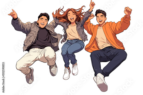 Energetic Trio: Joyful youngsters leap for joy, radiating happiness and optimism, in a digitally-rendered scene capturing youthfulness and excitement.