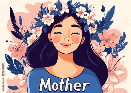 Mother with Flower Crown: A portrait of a smiling mother adorned with a flower crown, a tender representation of maternal love, care, and joy, evoking a sense of warmth and affection.