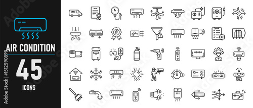 Air Conditioning and HVAC System Line Icons – 45 Vector Symbols