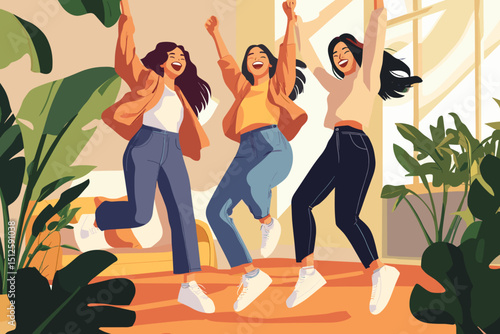 Joyful Celebration: Three women jump for joy, celebrating a moment of triumph in a light-filled interior, embraced by lively plants that create a sense of optimism.
