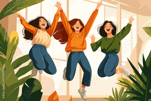 Joyful trio leap: Capturing a moment of exuberant happiness as three young women leap for joy, arms raised in a vibrant display of freedom and camaraderie.